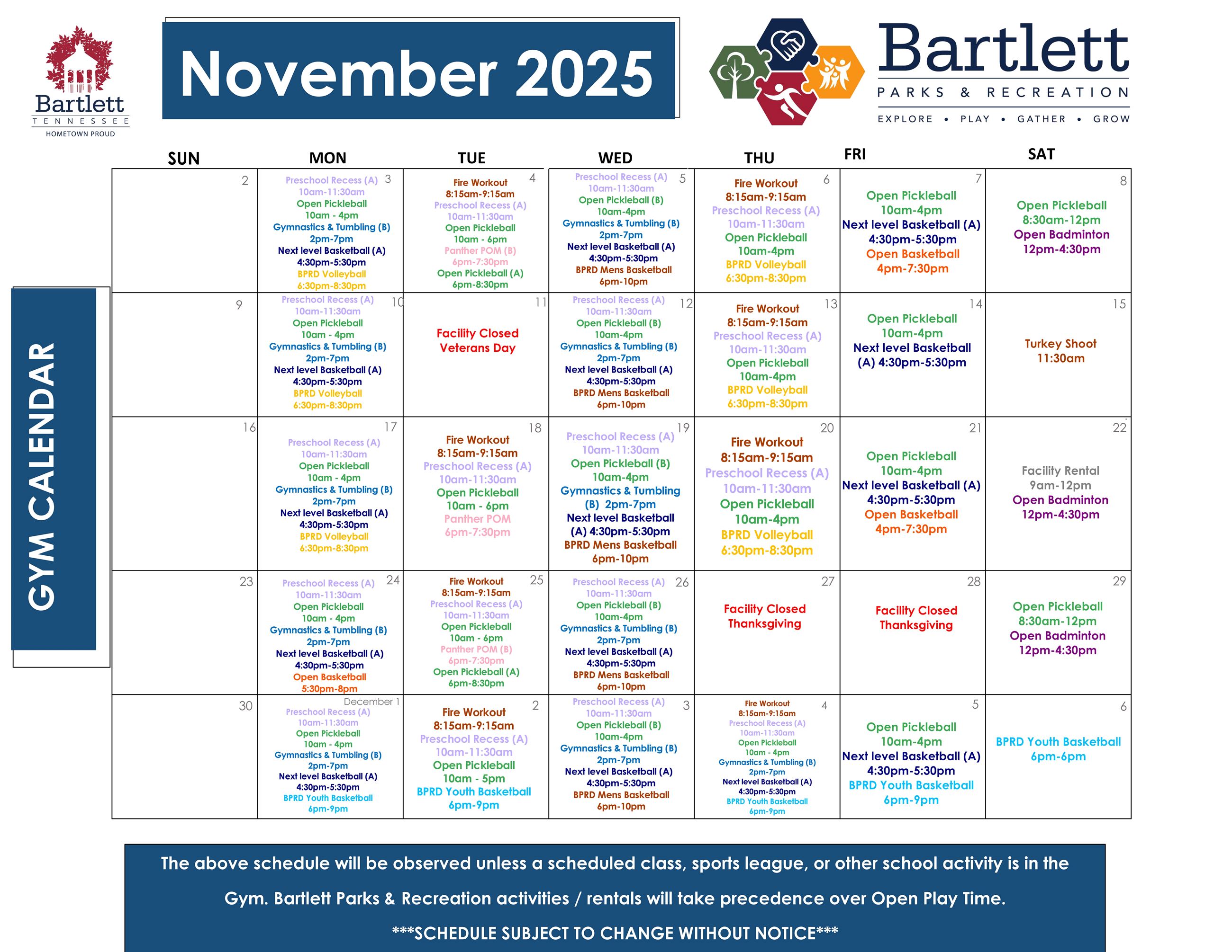 2025 NOV Gym Calendar